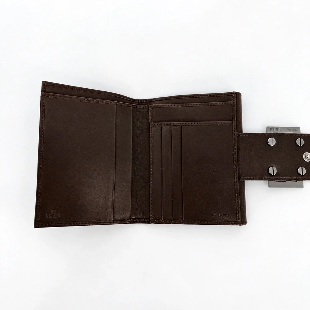 Fendi Zucca Wallet Unisex Brown Leather Monogram Trifold Logo Luxury Y2K Vintage